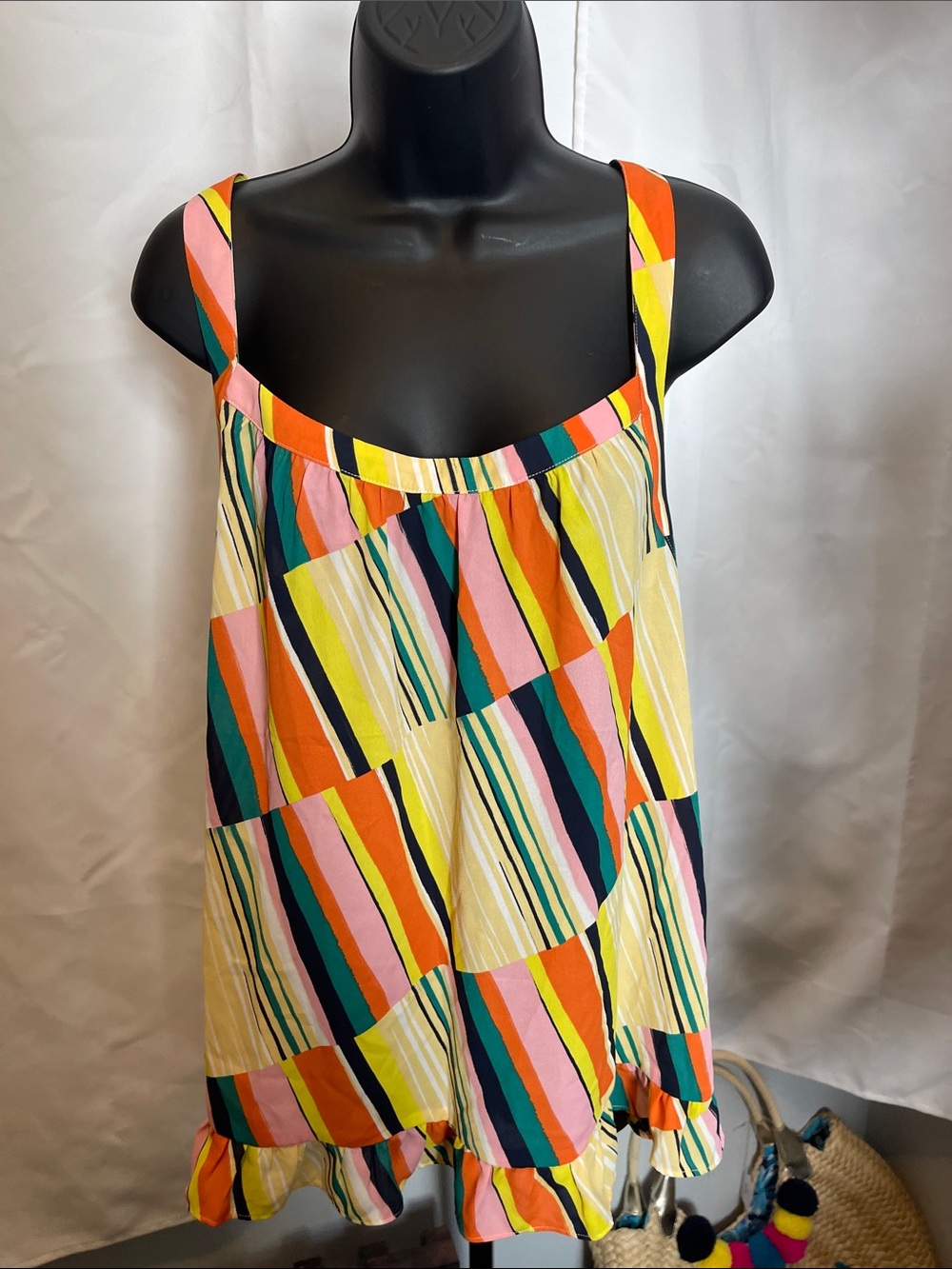 CAbi Multicolor Striped Patchwork Top— Yellow, Pink, Orange, Teal, Navy